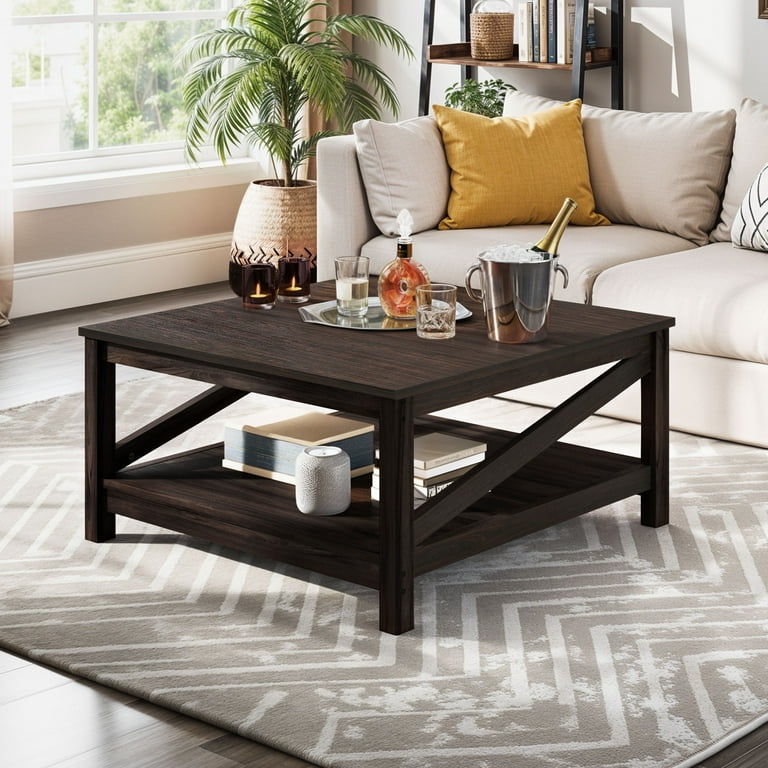 Dextrus Rustic Modern Square Coffee Table with 2-Tier Storage