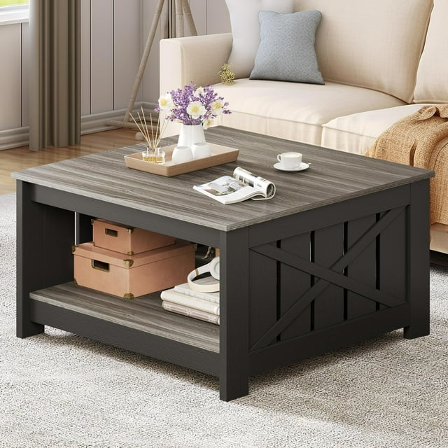 Dextrus Coffee Table with Storage, Square Wood Farmhouse Coffee Table
