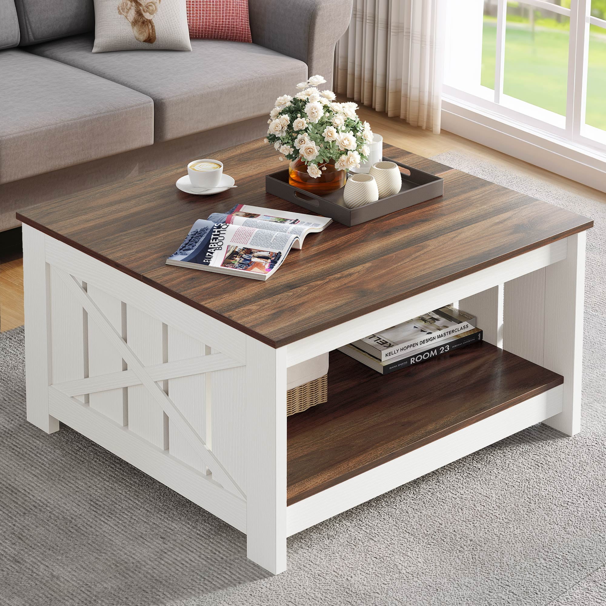 Dextrus Rustic Farmhouse Coffee Table with Storage, Square Wood Table