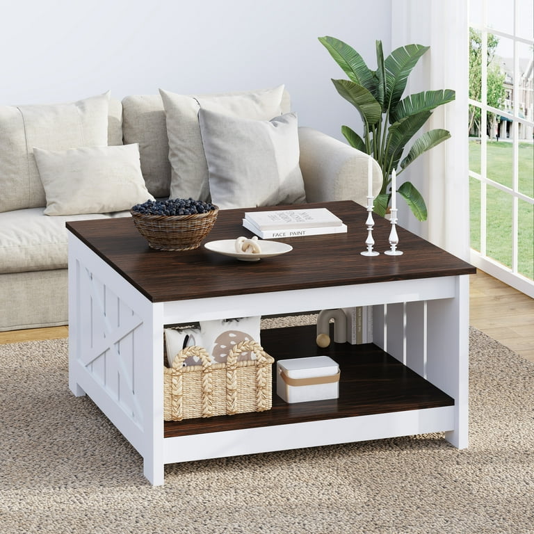 Dextrus Coffee Table with Storage Square Wood Farmhouse Coffee Table with Barn Door for Living Room Dark Brown