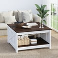 thumbnail image 1 of Dextrus Coffee Table with Storage, Square Wood Farmhouse Coffee Table with Barn Door for Living Room, Dark Brown, 1 of 7