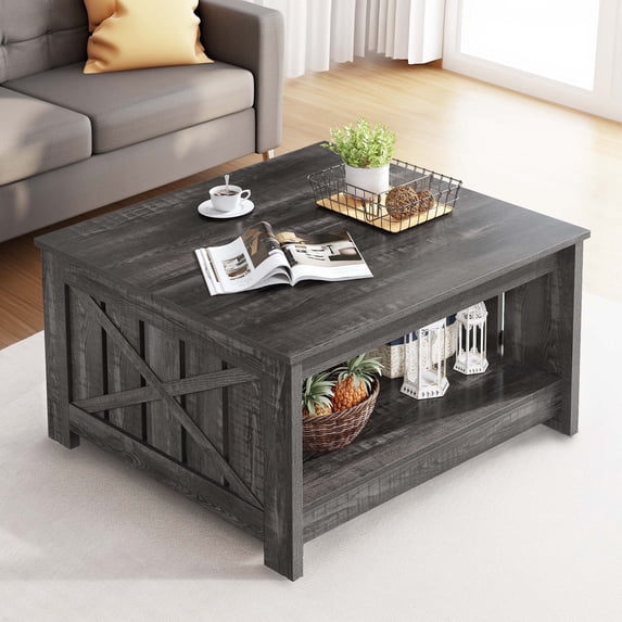 Dextrus Coffee Table with Storage, Square Wood Farmhouse Coffee Table with Barn Door for Living Room, Dark Gray