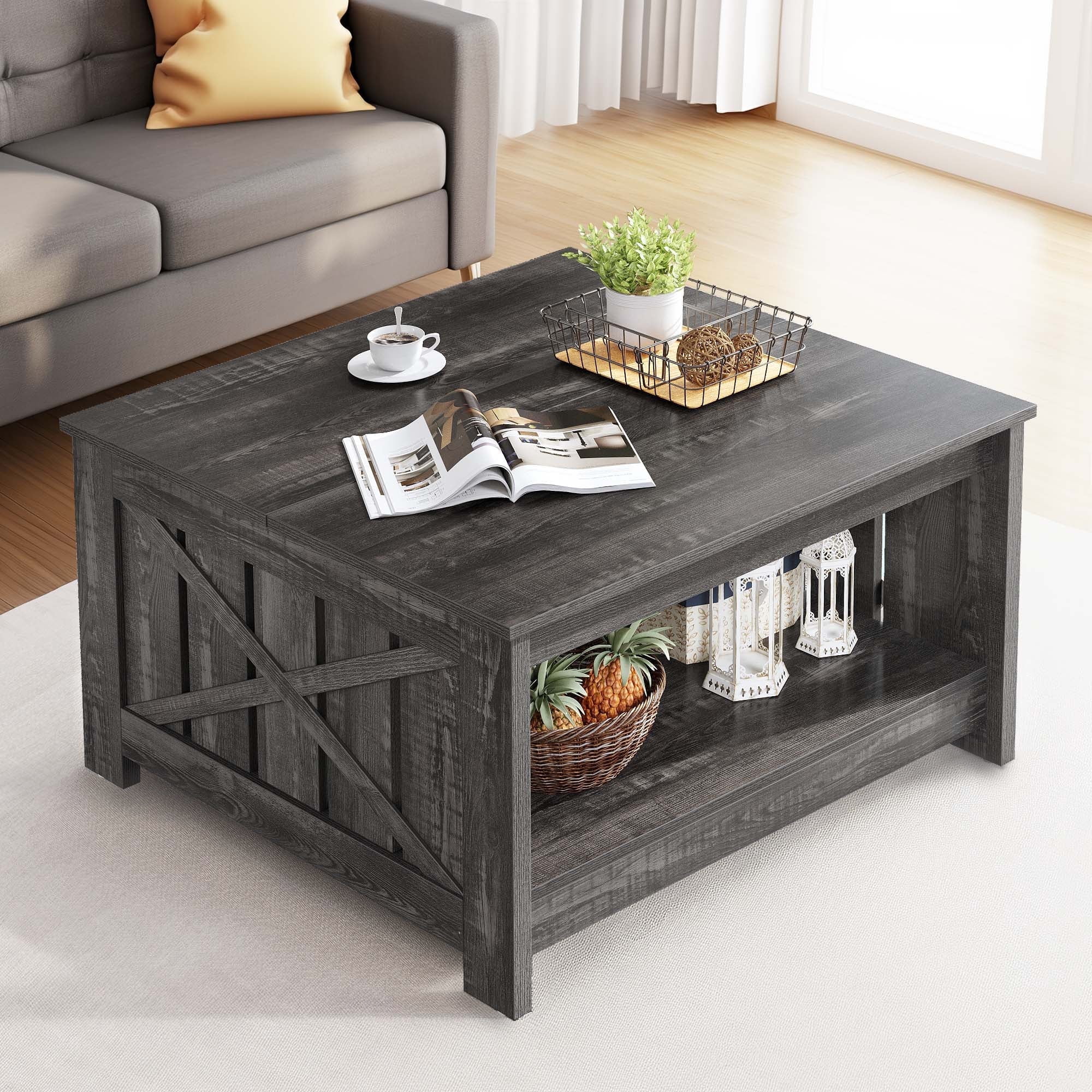 Dextrus Rustic Farm Style Coffee Table with Storage, Square Wood Table