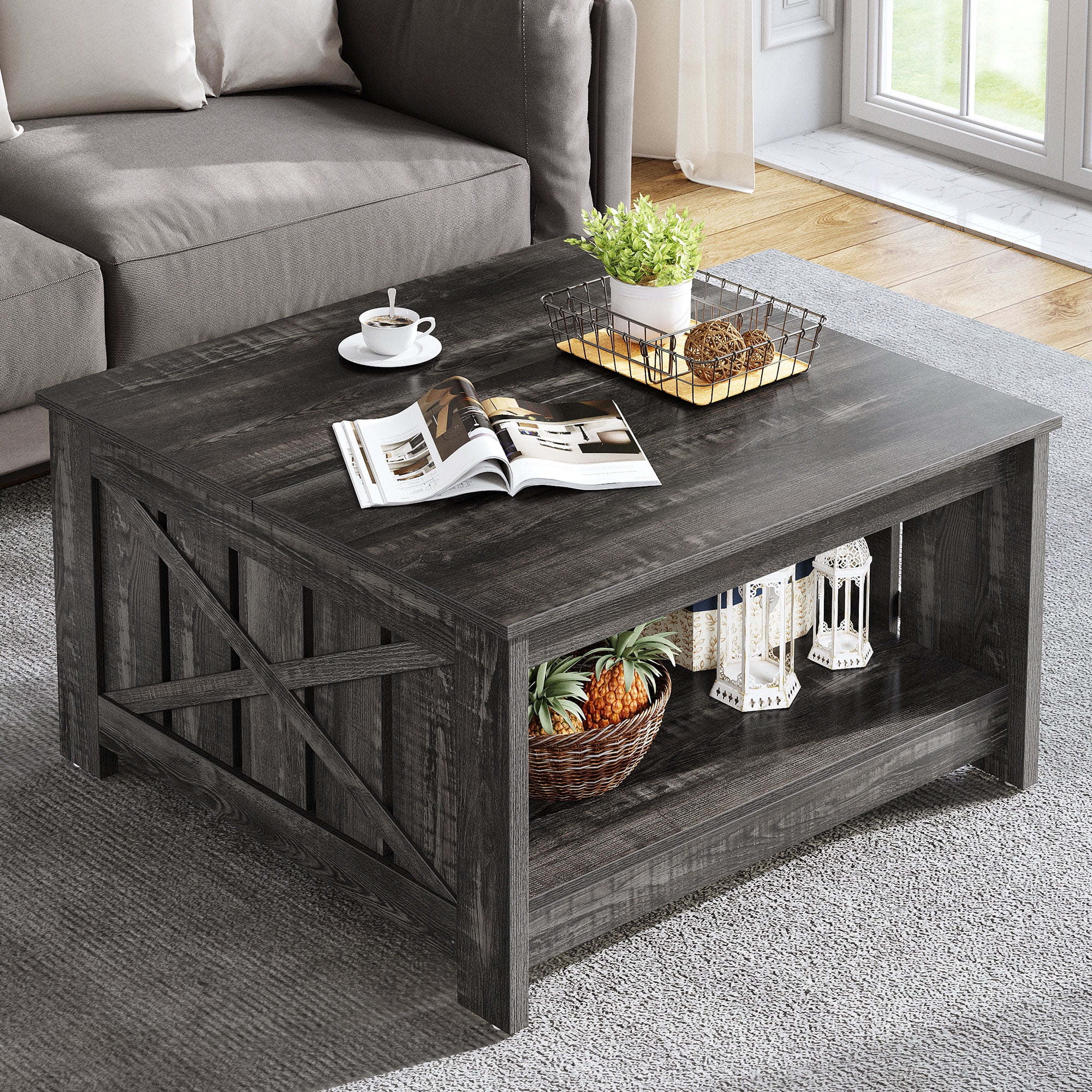 Dextrus Coffee Table with Storage, Square Wood Farmhouse Coffee Table