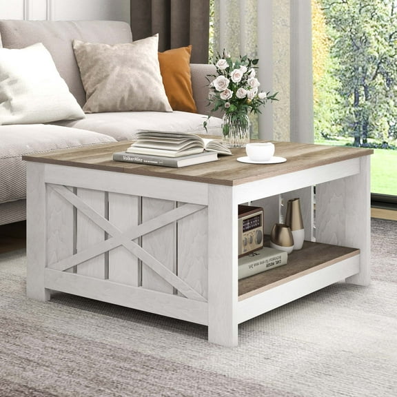 Dextrus Coffee Table with Storage, Square Wood Farmhouse Coffee Table with Barn Door for Living Room, Grey Wash