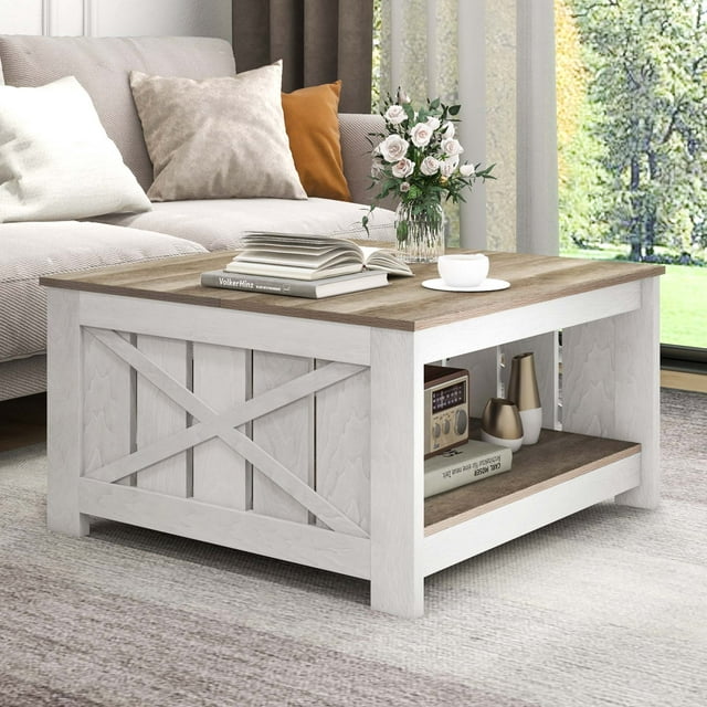 Dextrus Rustic Modern Coffee Table with Barn Door Storage, Sturdy ...