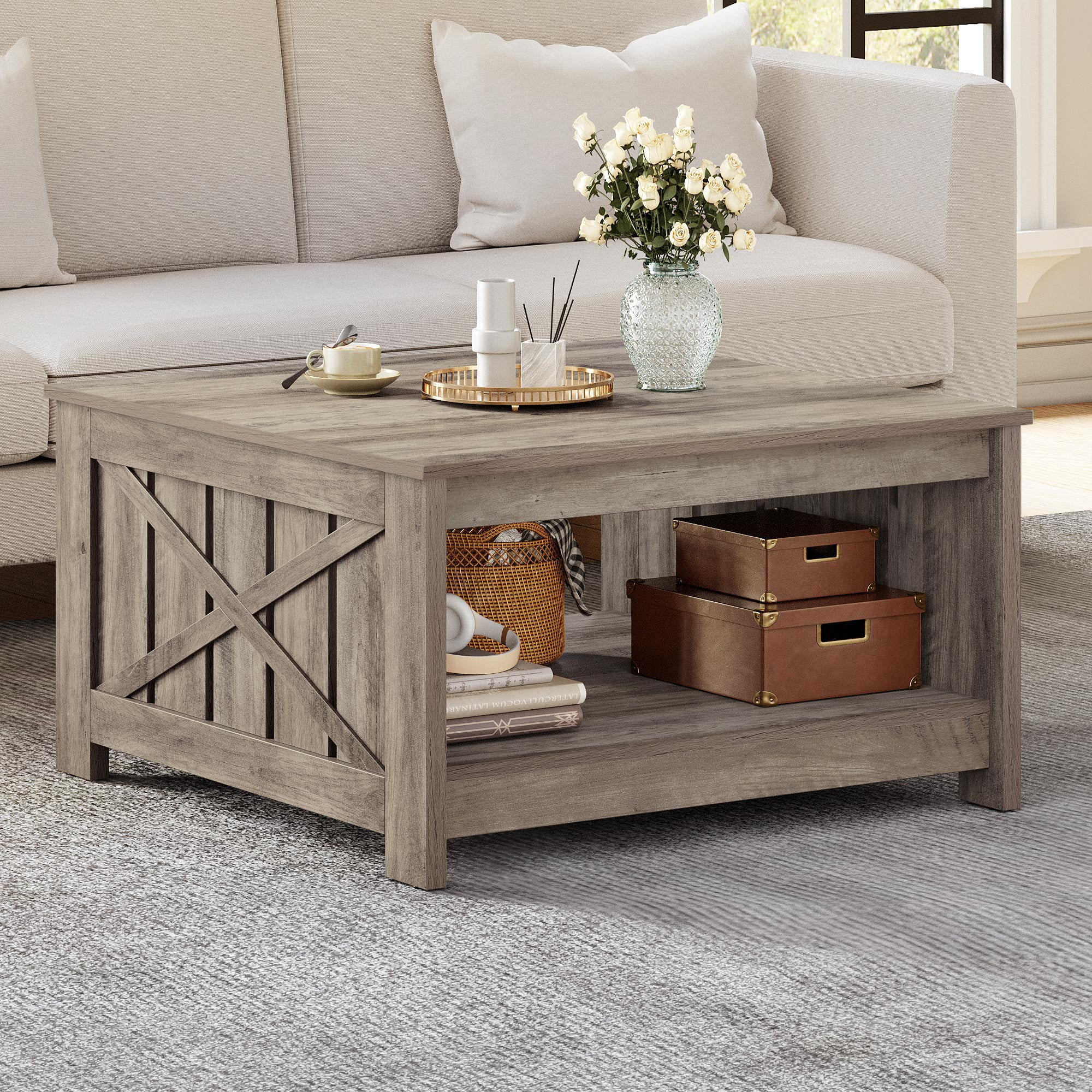 Dextrus Coffee Table with Storage, Square Wood Farmhouse Coffee Table