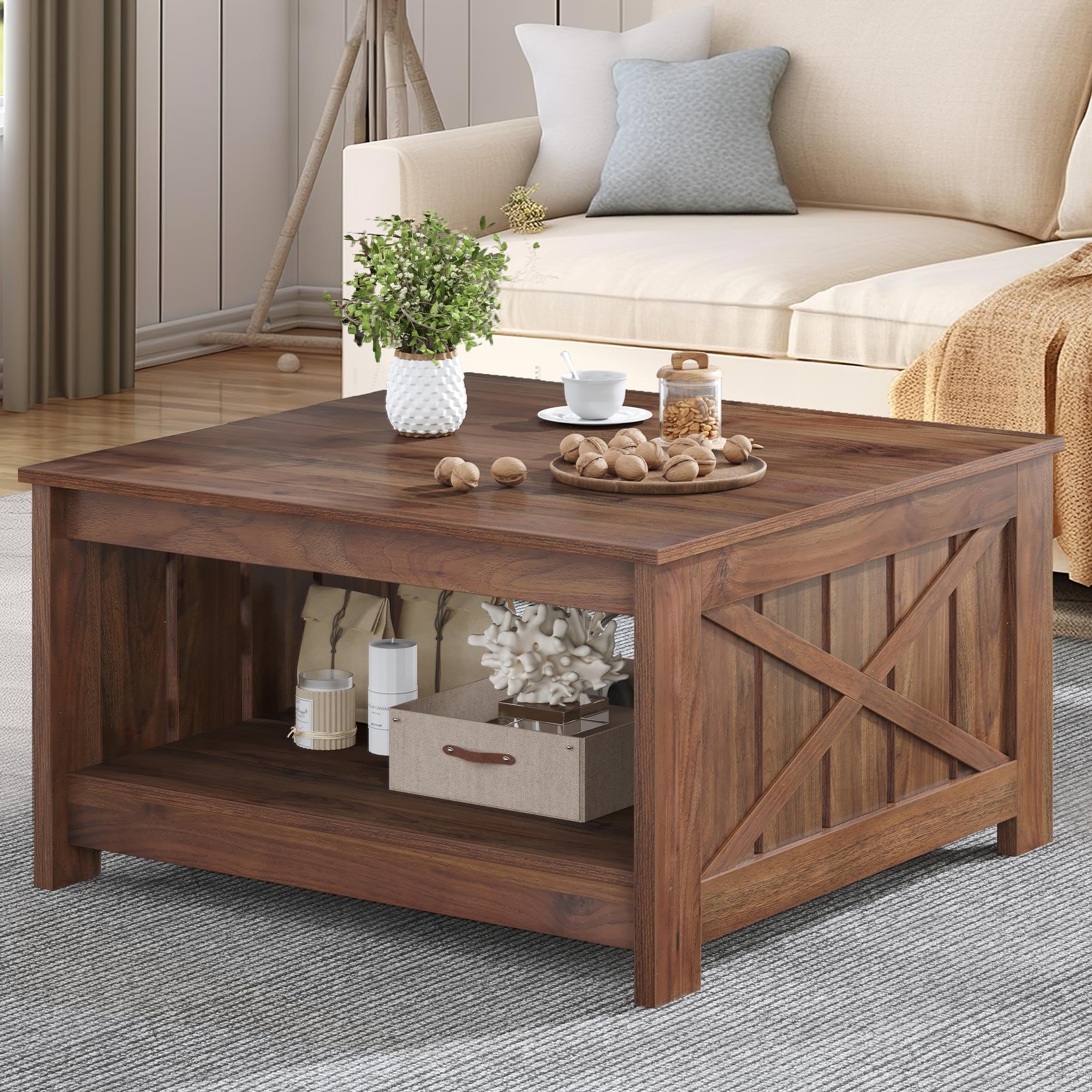 Wood square coffee table with storage deals