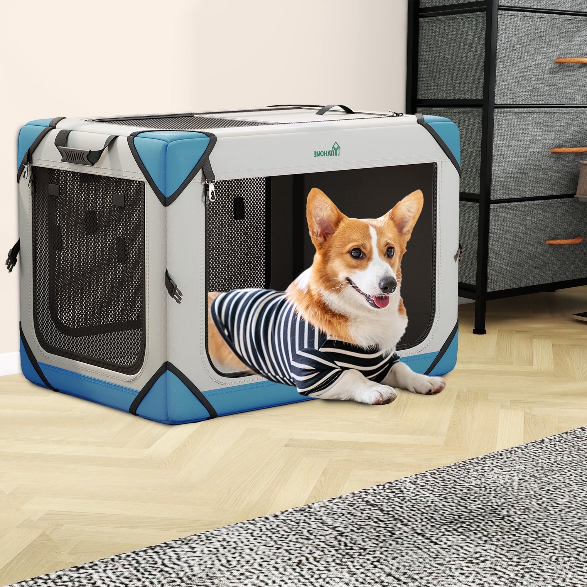 Dextrus Collapsible Dog Crate with 4 Doors, Portable Travel Dog Crates ...