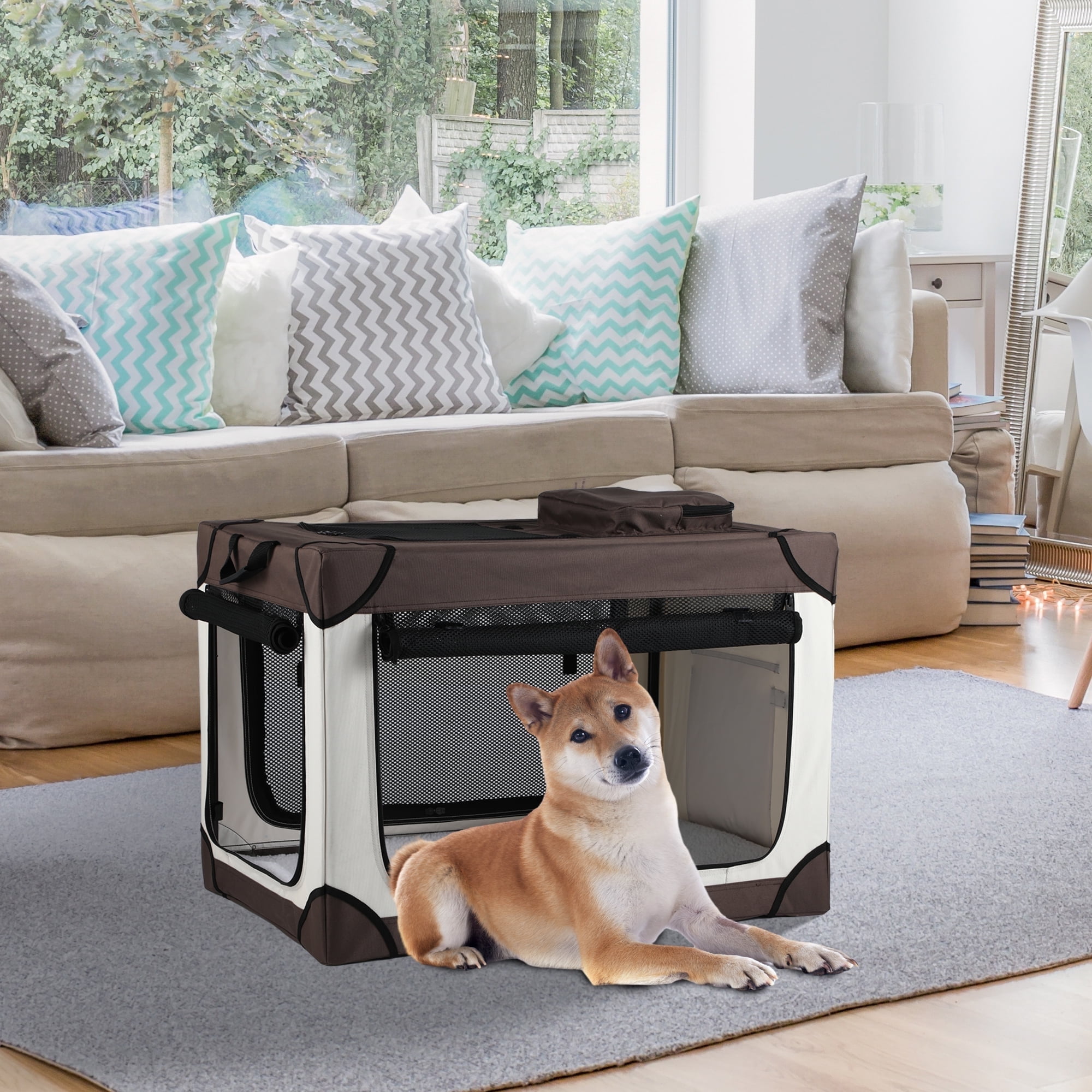 Dextrus Collapsible Dog Crate with Soft Mat, 30in Portable Travel Dog