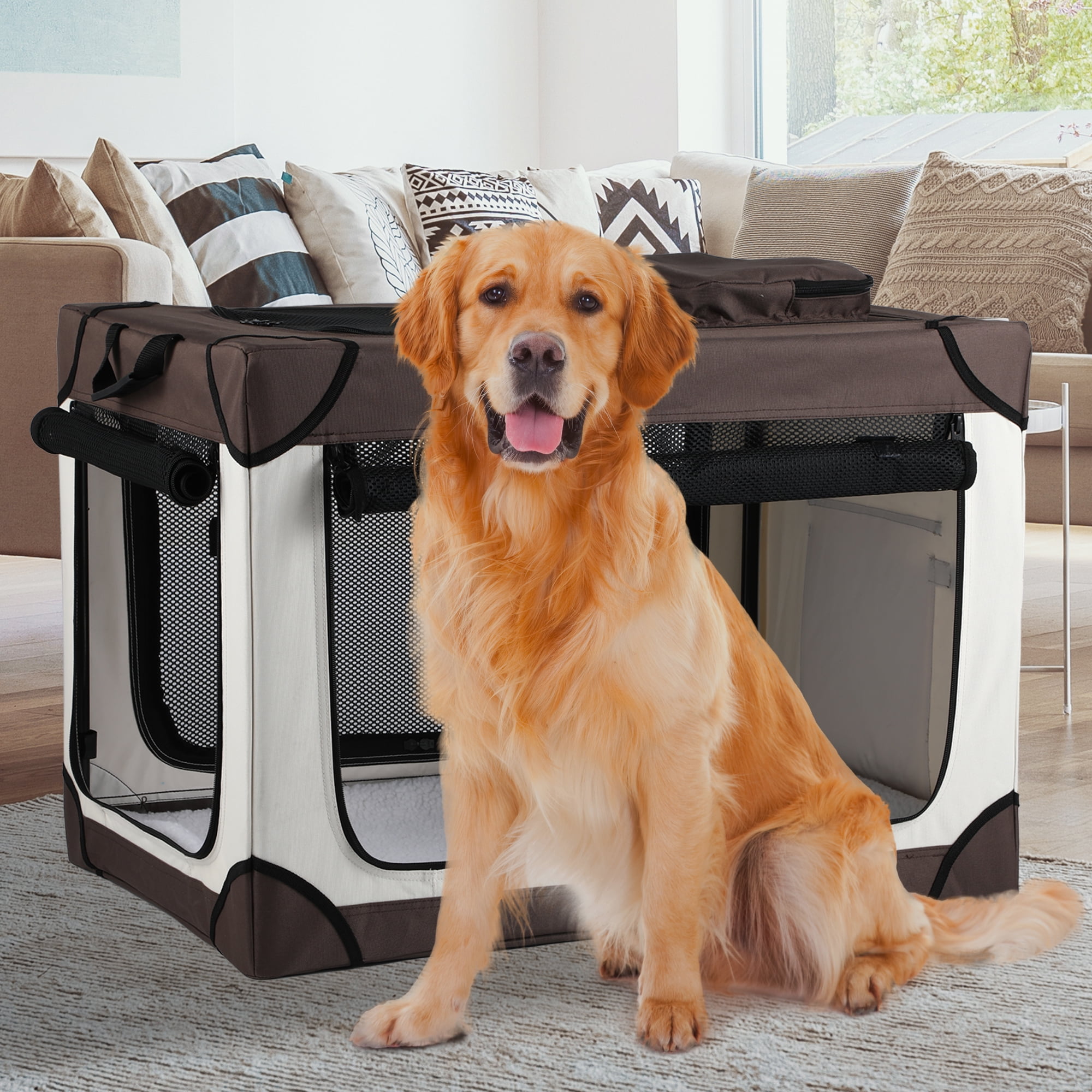 Dextrus Collapsible Dog Crate with Soft Mat,42in Portable Travel Dog Crates with 4Door&Mesh