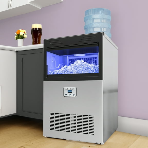 Dextrus Commercial Ice Maker 130lbs/24h with 33lbs Storage Bin, 2 Way Water Inlet Freestanding Ice Machine,with Stainless Steel Ice Scoop Ice Bucket
