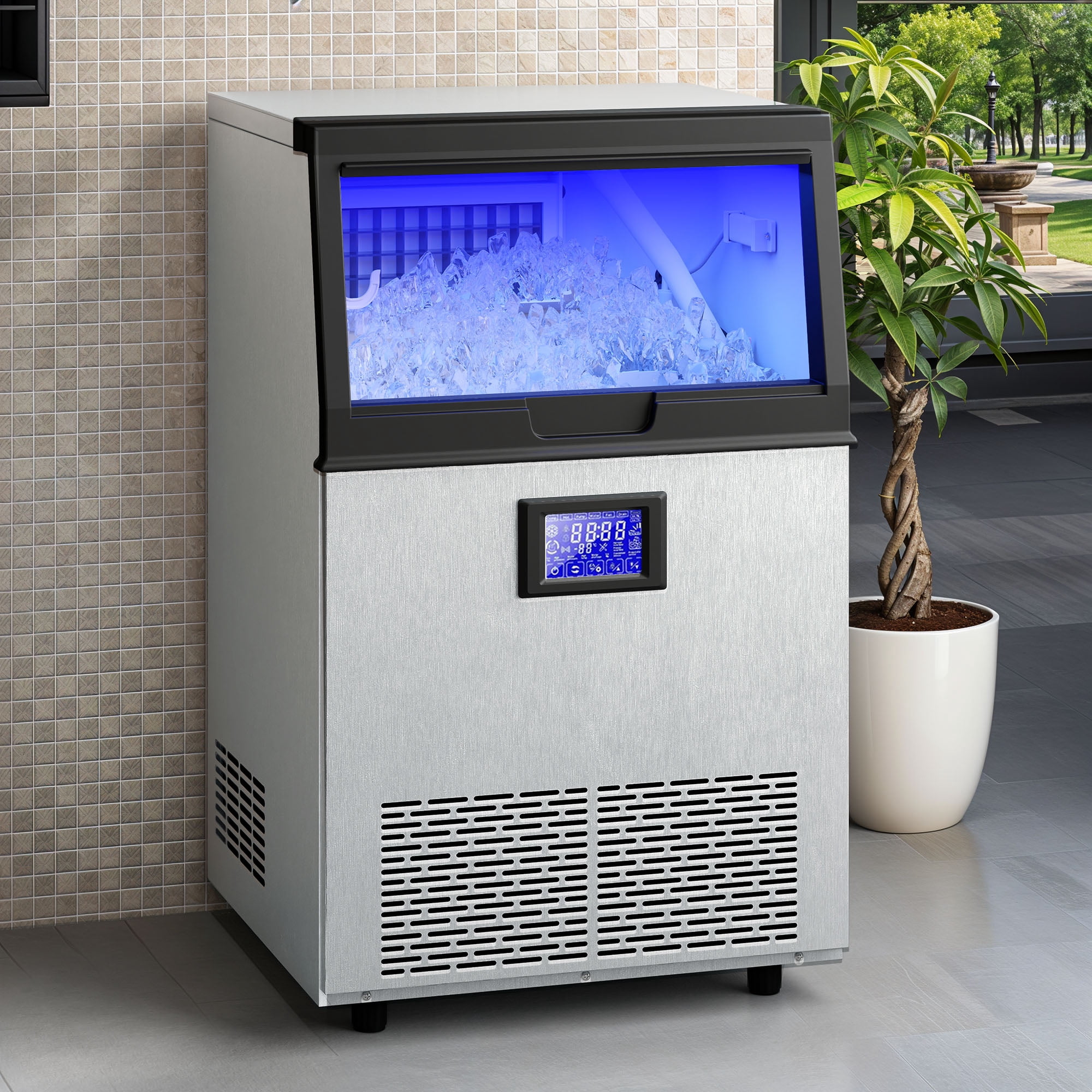 Dextrus Commercial Ice Maker 132lbs/24h with 33lbs Storage Bin,Freestanding Ice Machine,LCD Panel  with Blue Light & Stainless Steel Scoop