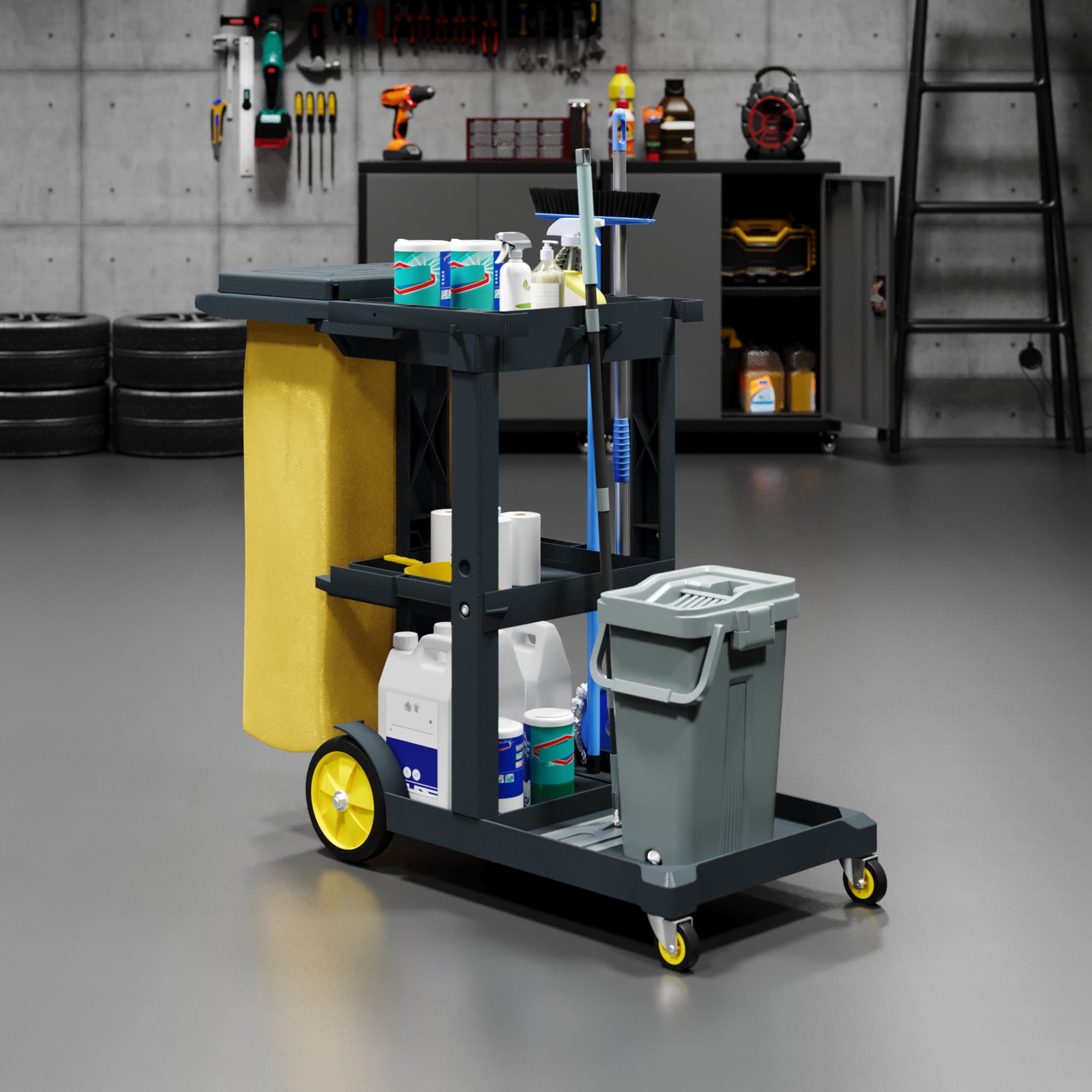 Dextrus Commercial Janitorial Trolley Cleaning Cart, 25 Gallon Capacity with Cover, for Housekeeping & Facility Maintenance, Black