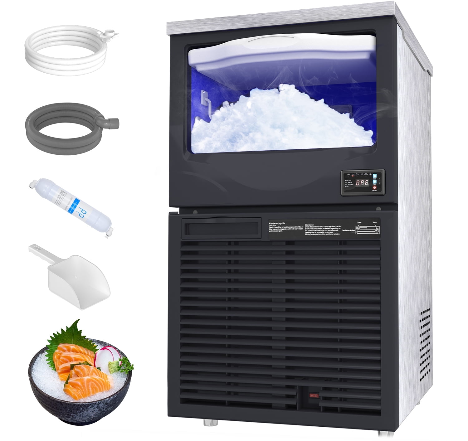 Dextrus Commercial Snowflake Ice Maker 220LBS/24H with 88LBS Storage, Food Grade Stainless Steel Automatic Freestanding Ice Maker Machine with Stainless Steel Scoop