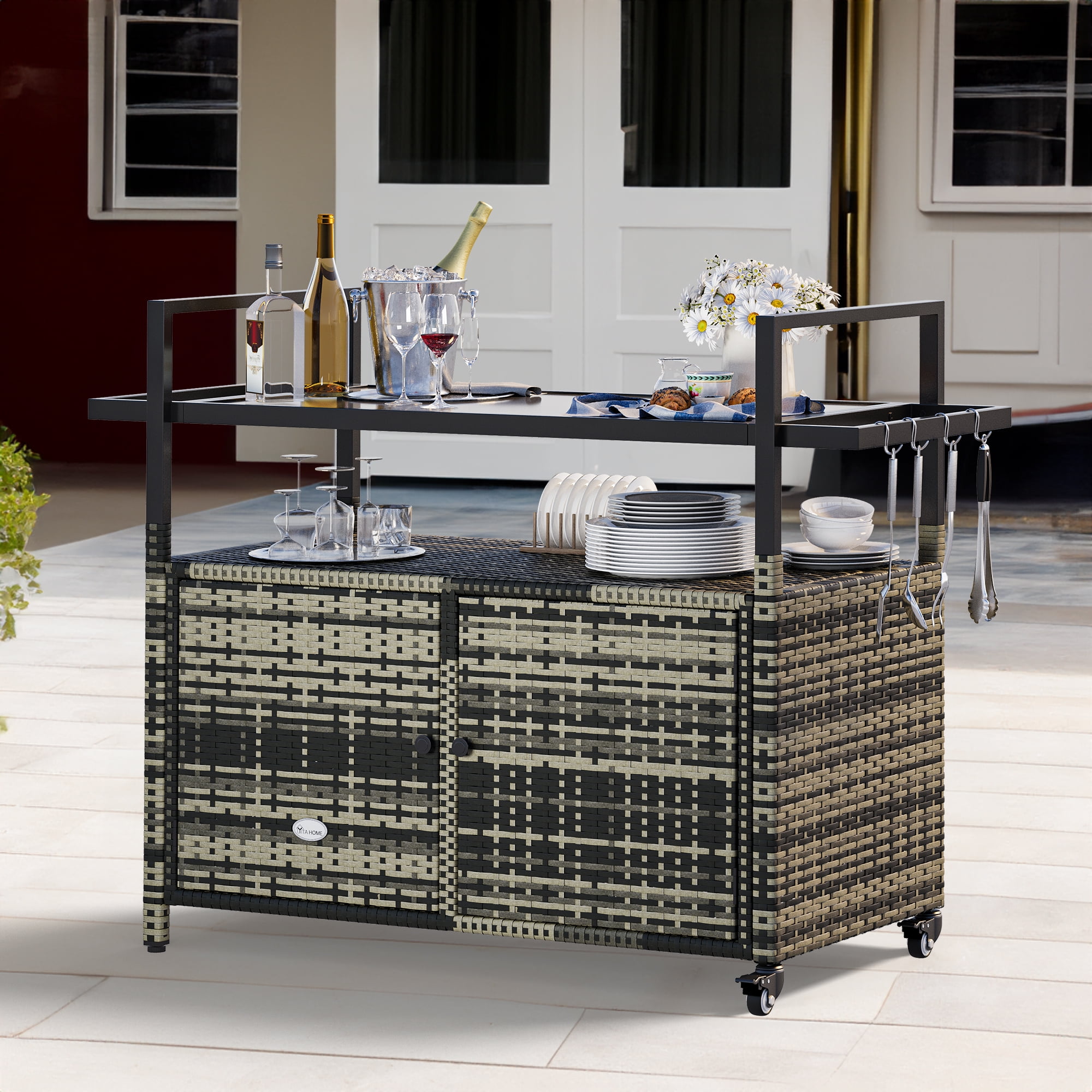 Dextrus Compact Outdoor Wicker Table with Builtin Storage, Sleek Glass