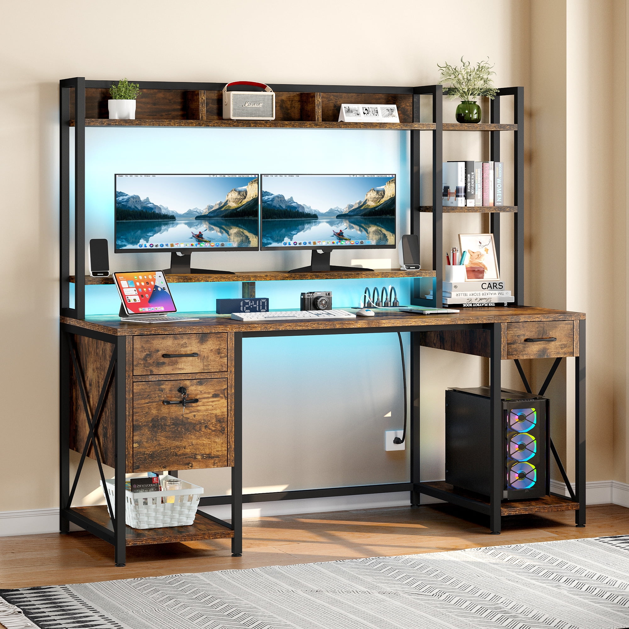 Dextrus Computer Desk with Drawers & Power Outlets with Lock, 59.1