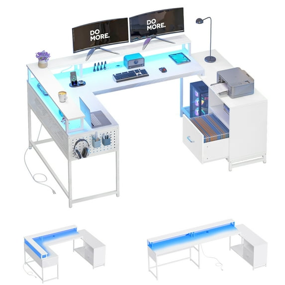 Dextrus Computer Desk with Power Outlets & LED, U Shaped Desk, L Shaped Desk with Drawers, Large Reversible Corner Gaming Desk with Monitor Stand & Storage Shelves, Office Desk, White