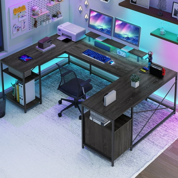 Dextrus Computer Desk with Power Outlets & LED, U Shaped Desk, L Shaped Desk with Drawers, Large Reversible Corner Gaming Desk, Gray