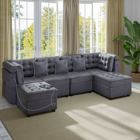 Dextrus Configurable Sectional Sofa with Adjustable Armrests, 6-seater Convertible Sofa Bed, Blue Gray