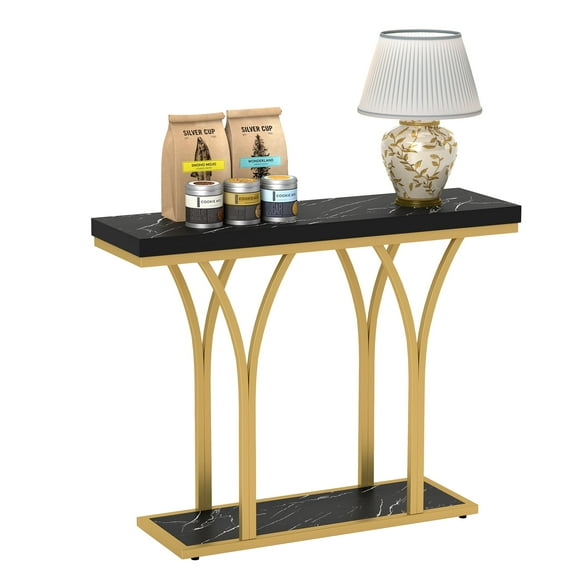DEXTRUS Console Table with LED Lights, Modern Faux Marble Entryway Table, Gold & Black