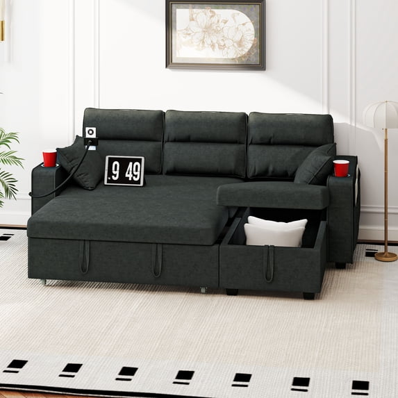 Dextrus Convertible Sofa Bed Sleeper Pull Out Sectional Couch with 2 Pillows, Sleeper Sofa with USB Ports, Dark Gray