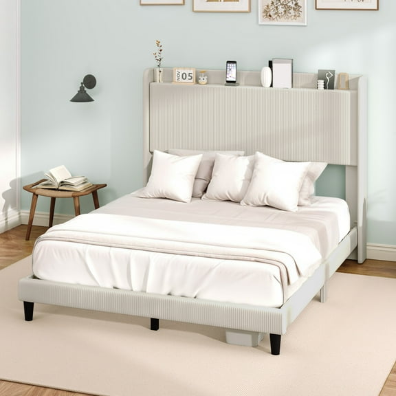 Dextrus Corduroy Queen Bed Frame with Adjustable Headboard, Sturdy Slats, No Box Spring Needed, Beige