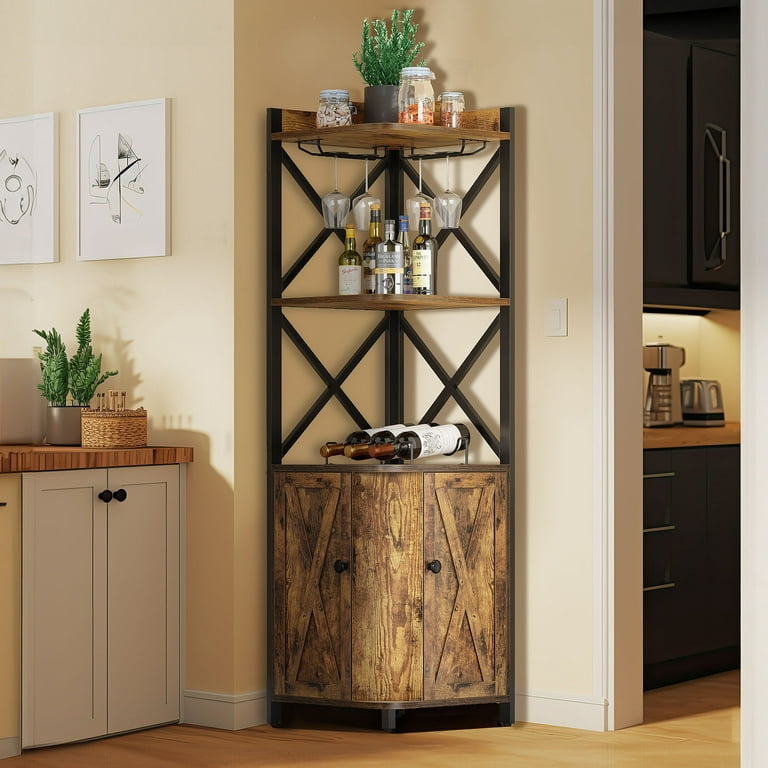 Yitahome  Corner Bar Cabinet With Wine Glasses Hanging Rack Farmhouse  Kitchen Pantry In White