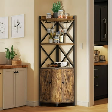 Dextrus Corner Bar Cabinet with Wine & Glass Rack, Storage Cabinet & Adjustable Shelf, Rustic Brown