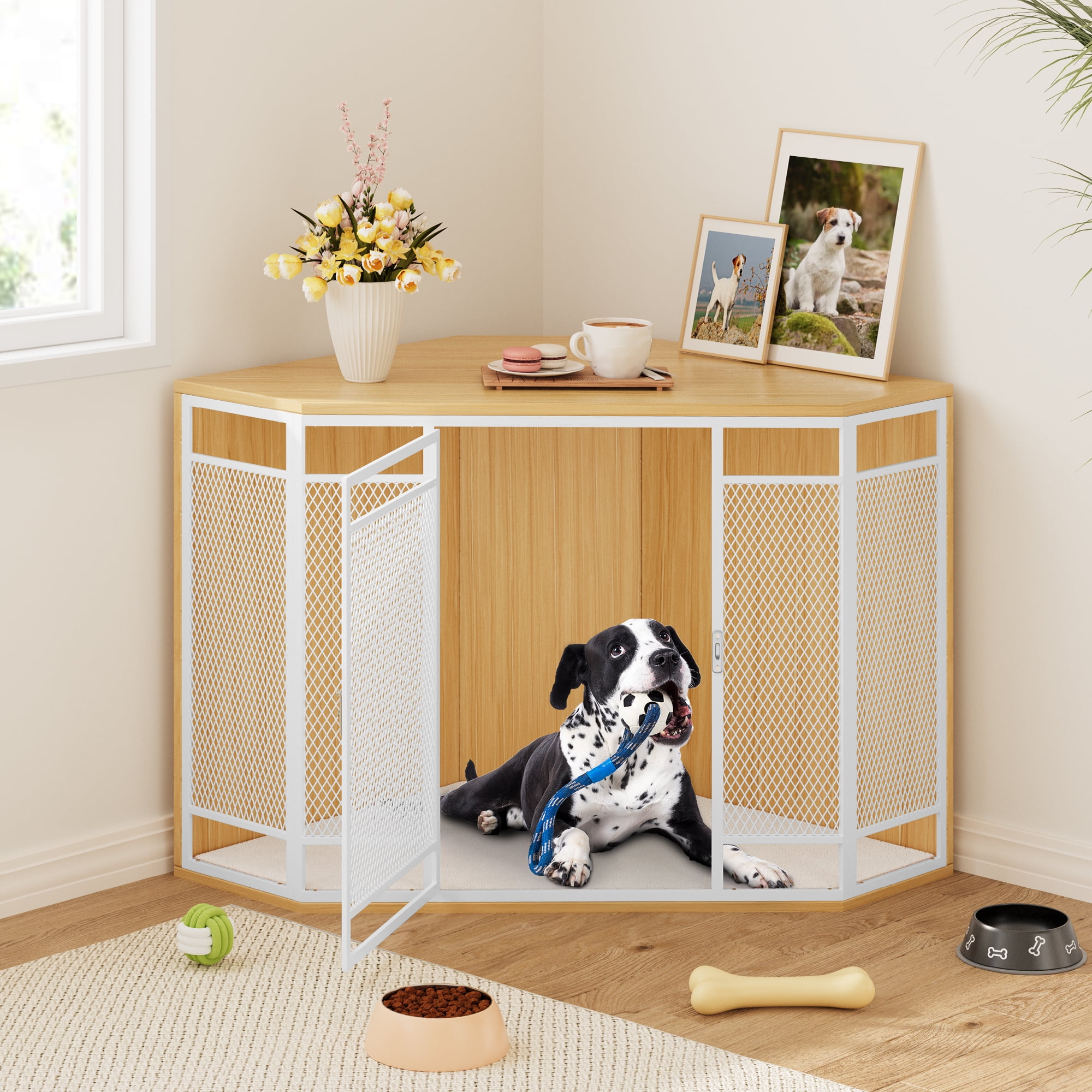 Dextrus Corner Dog Crate Furniture Stylish 43.7 inch Wooden Dog Kennel with Sturdy Metal Mesh Multi functional End Table Indoor Dog House for Dogs