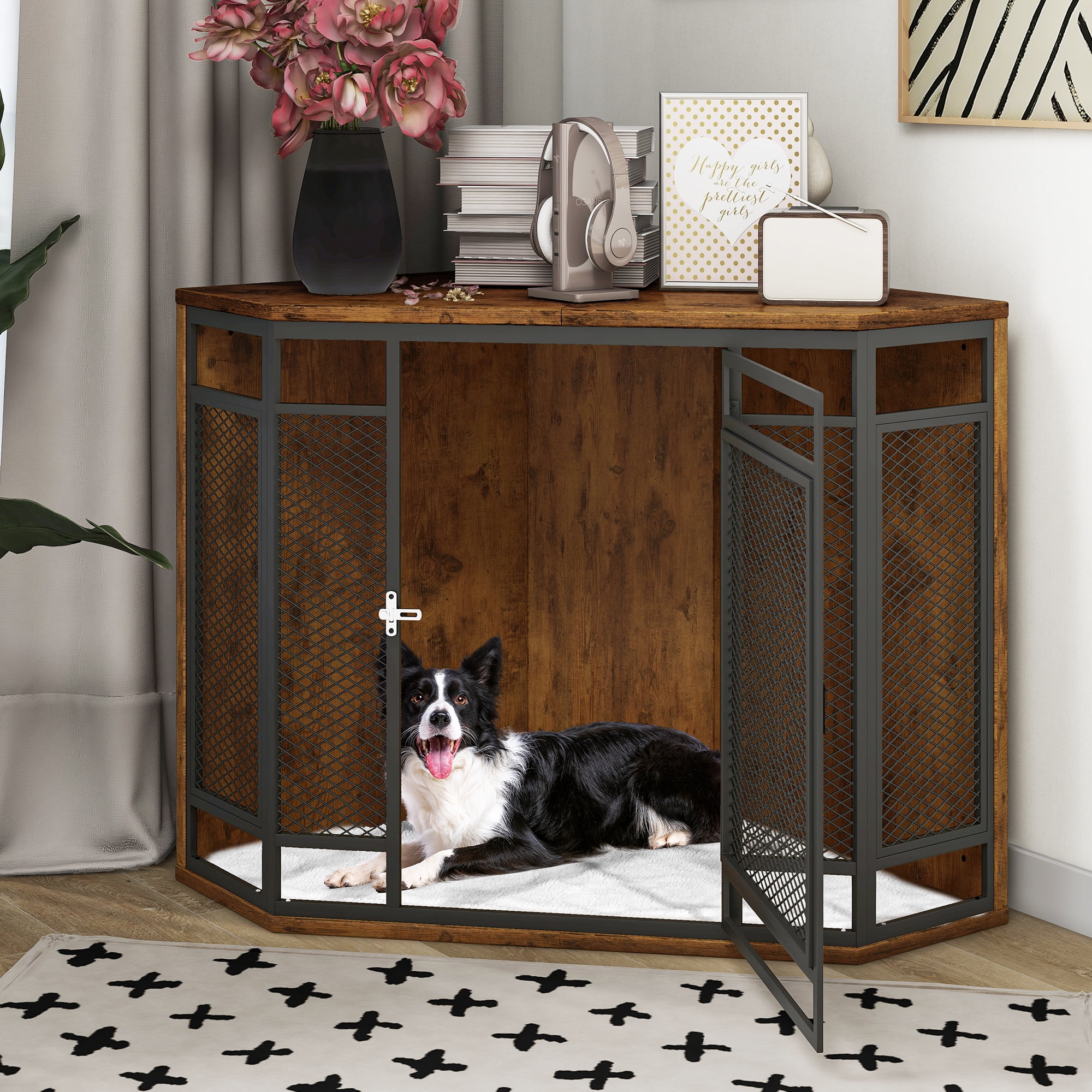 Dextrus Corner Dog Crate Furniture Stylish 52 inch Wooden Dog Kennel with Sturdy Metal Mesh Multi functional End Table Indoor Dog House for Dogs of