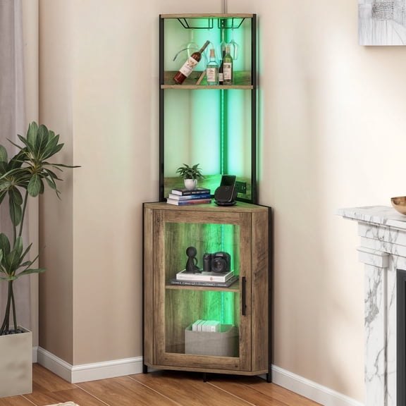 Dextrus Corner Bar Cabinet Modern Tall 5 Tier with Door LED Light Power Outlets Glass Holder Gray Oak 1-Pack