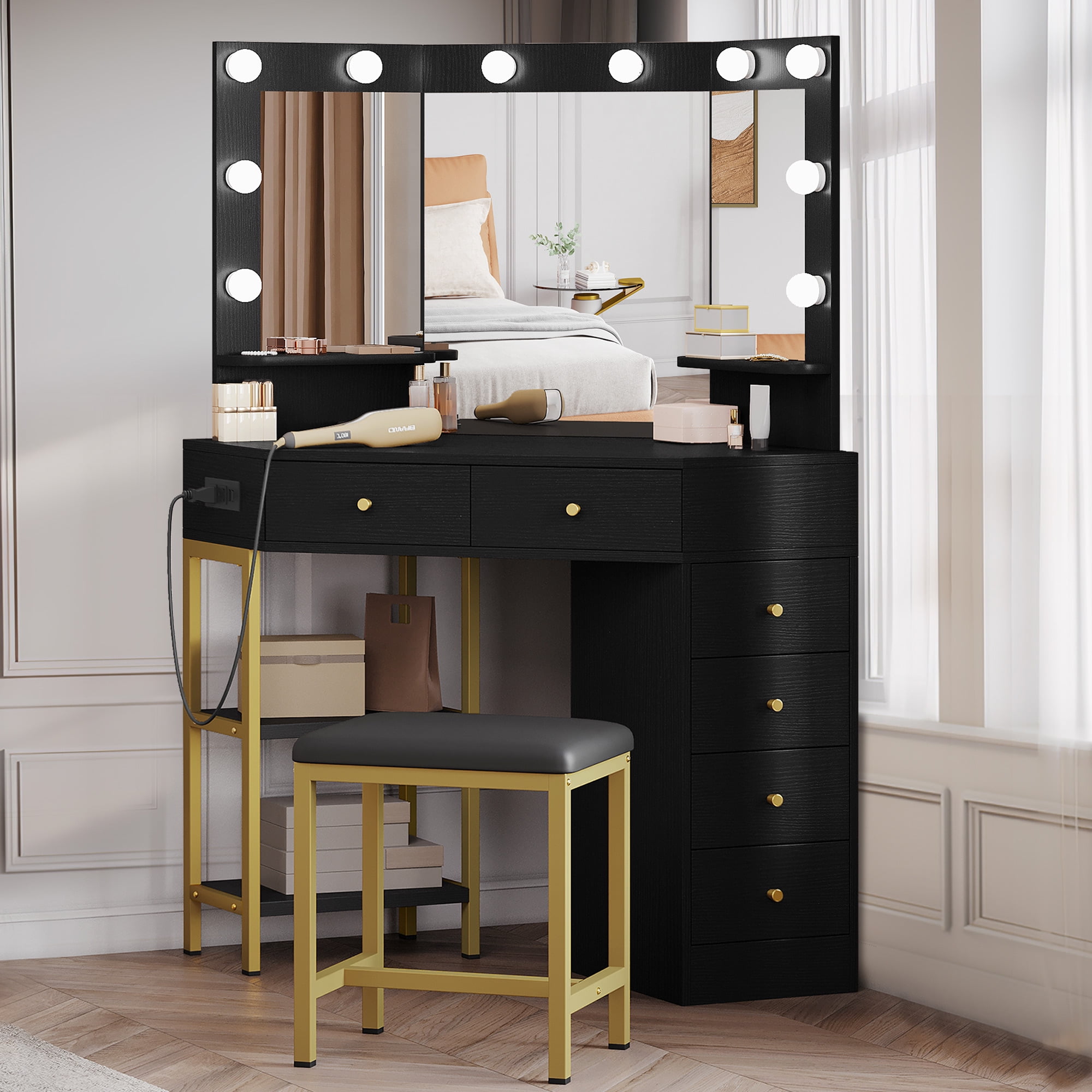 Dextrus Corner Vanity Desk With Lights & Mirror, Makeup Vanity with