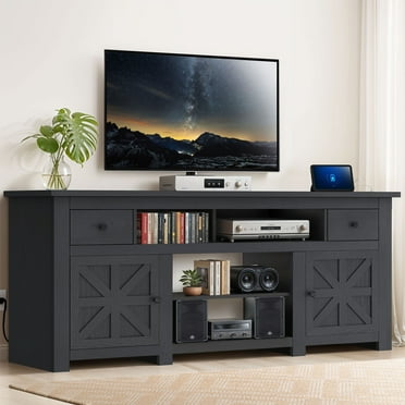 Dextrus Country-style Media Console, TV Cabinet with Built-in Power Socket for Screens up to 80'', Television Stand with Adjustable Divider & Drawer Storage, Vintage TV Unit for Lounge, Black