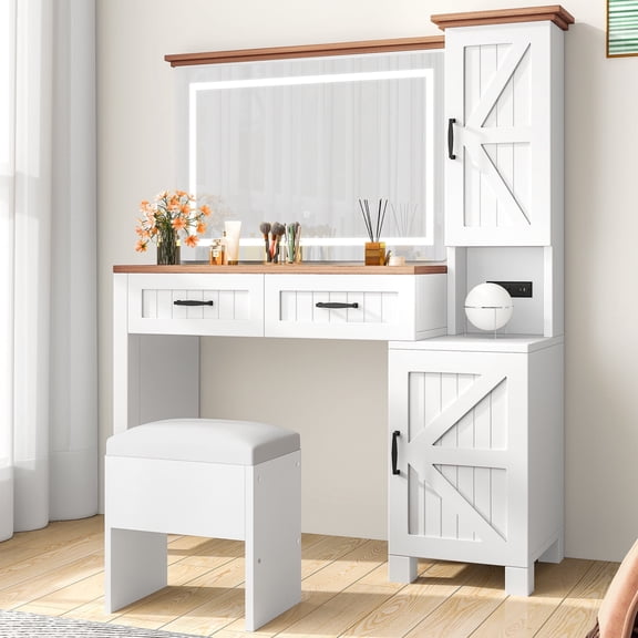 DEXTRUS Countryside Allure Vanity Set with Light-Variable Mirror and Versatile Shelves, White
