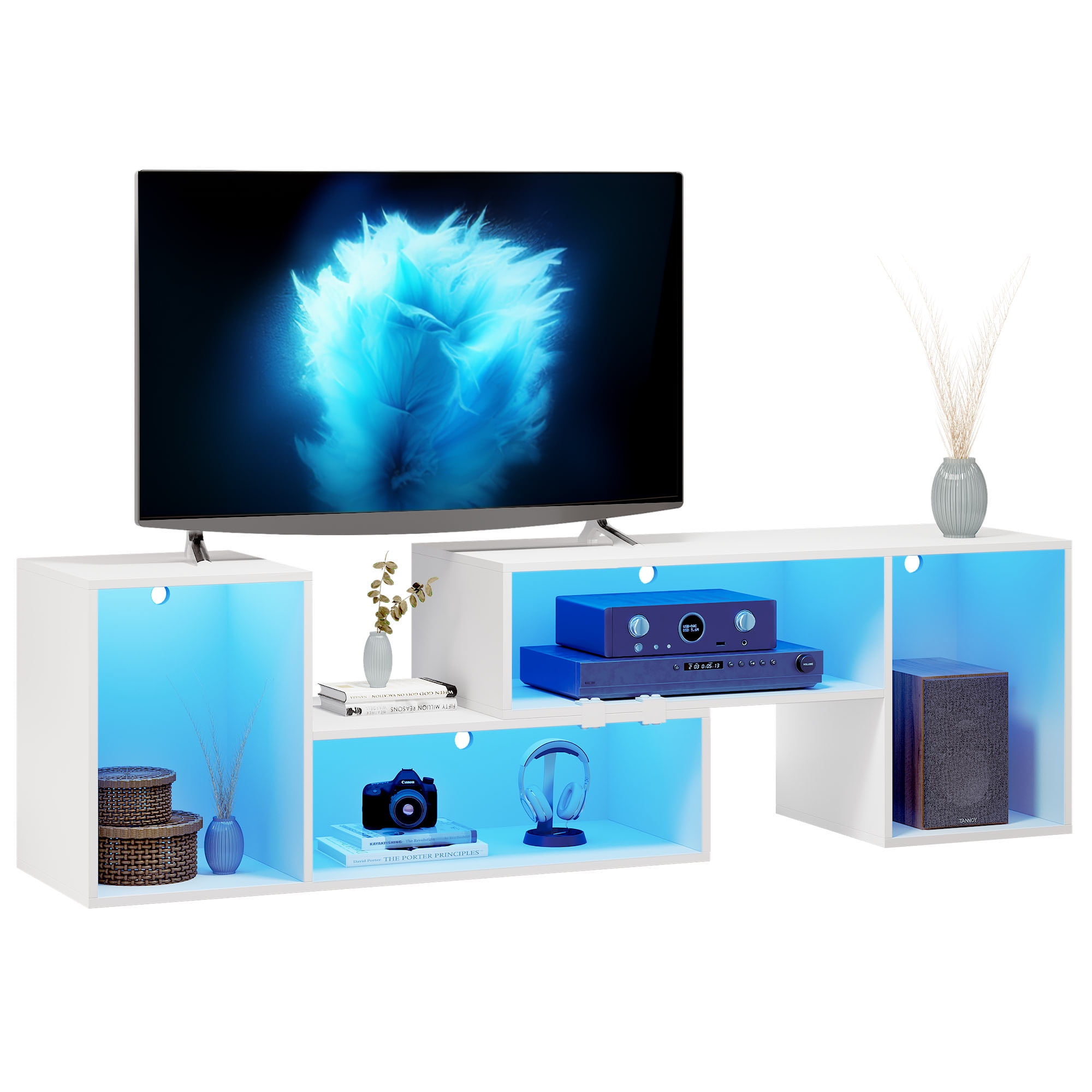 Modern L-Shape TV Stand With LED Lights - Fits 65/70/75 Inch TVs, 6 Shelves, White