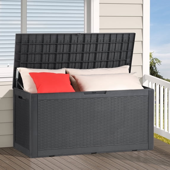 Dextrus Deck Box: 100 Gallon Patio Large Storage Cabinet Large Resin Patio Storage for Outdoor Pillows, Garden Tools and Pool Supplies, Waterproof, Lockable | Dark Gray