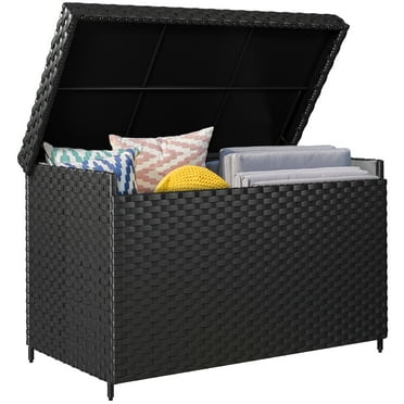 Dextrus Deck Box- 230 Gallon Wicker Large Outdoor Storage Box, Waterproof Patio Furniture and Storage Deck, Rattan Storage Bin - Black