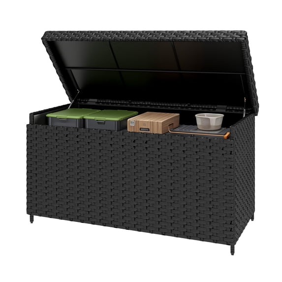 Dextrus Deck Box- 230 Gallon Wicker Large Outdoor Storage Box, Waterproof Patio Furniture and Storage Deck, Rattan Storage Bin - Black