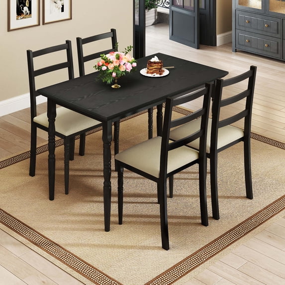 Dextrus Dining Table Set for 4, Modern 5 Piece Rectangular Table Set with 4 Upholstered Chairs, Black
