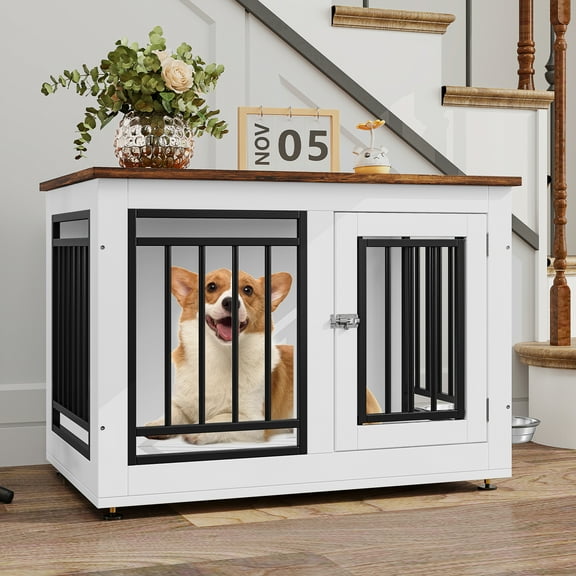 Dextrus Dog Crate Furniture, 28in Wooden Indoor Dogs Kennel Furniture with Adjustable Feet and Removable Bowls,for Small Dogs up to 30 lbs,28" L x 18.5" W x 20.4" H