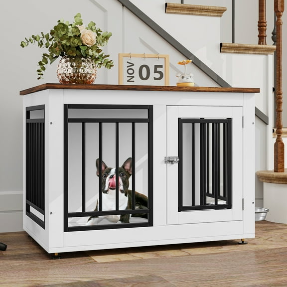Dextrus Dog Crate Furniture, 35in Wooden Indoor Dogs Kennel Furniture with Adjustable Feet and Removable Bowls,for Small Dogs up to 55 lbs,35" L x 20.4" W x 25.2" H