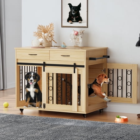 Dextrus Dog Crate Furniture, 39 inch large Wooden Indoor Dog Kennel with Divider Room and Drawers, Removable Tray End Table, Double Door Dog House for Small Medium Dog, Walnut Color