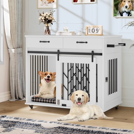 Dextrus Dog Crate Furniture, 39 inch large Wooden Indoor Dog Kennel with Divider Room and Drawers, Removable Tray End Table, Double Door Dog House for Small Medium Dog, White