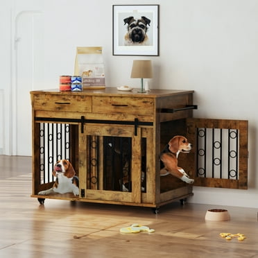 Dextrus Dog Crate Furniture, 39 inch large Wooden Indoor Dog Kennel with Divider Room and Drawers, Removable Tray End Table, Double Door Dog House for Small Medium Dog, Brown