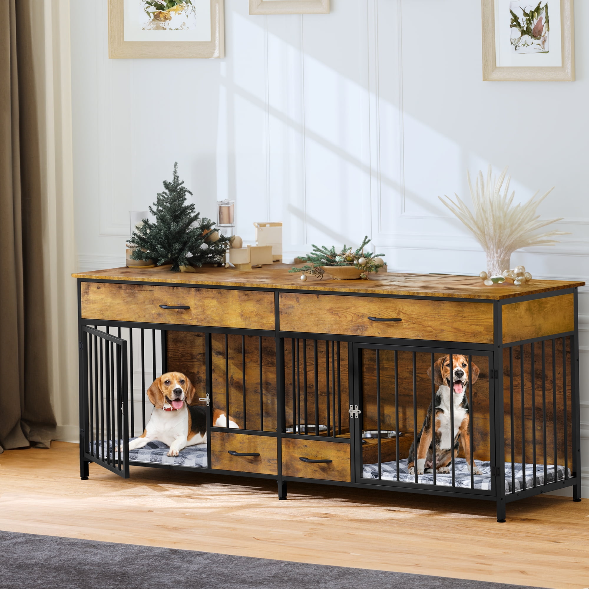Dextrus Dog Crate Furniture Large Breed with Dog Feeder, 74.8" Inch Wooden Dog Kennel Furniture Indoor Heavy Duty Dog Crate with Drawers, TV Cansole Table2 Room Divider for 2 Medium Large Dogs
