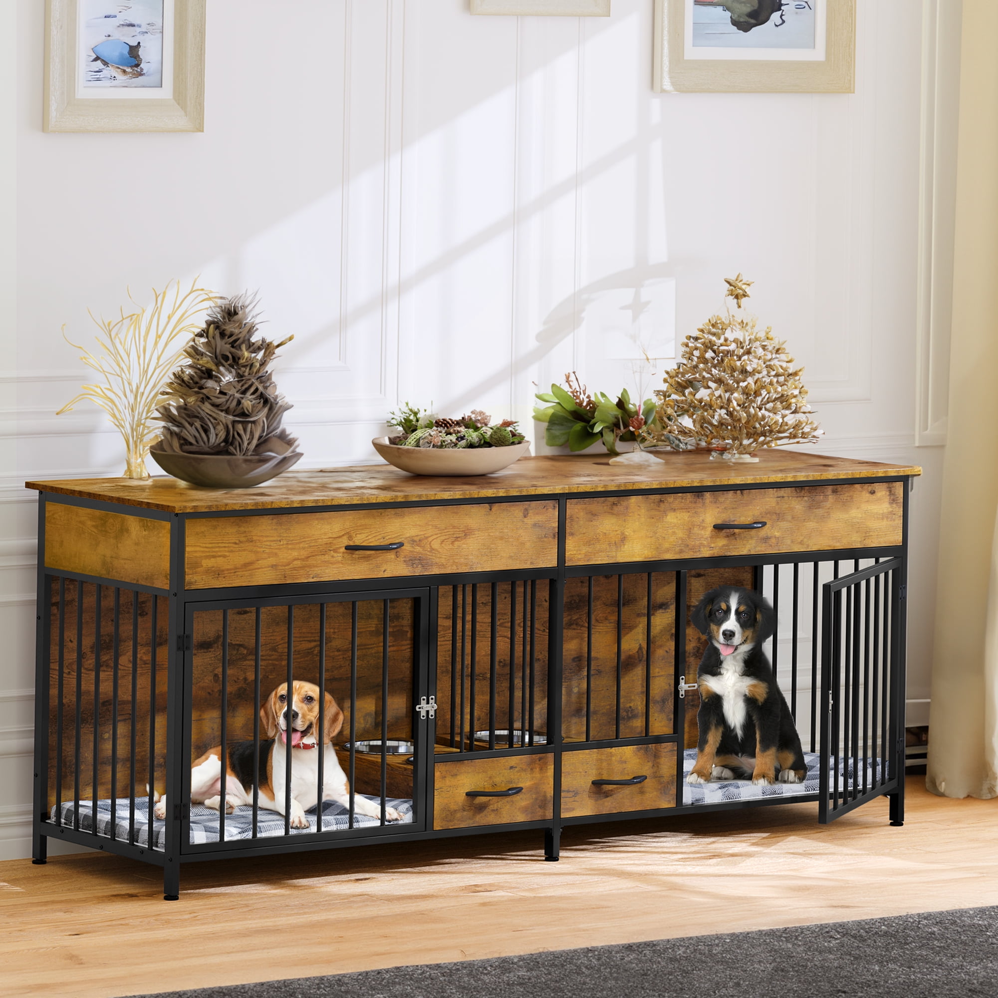 Dextrus Dog Crate Furniture TV Stand Large Breed with Dog Feeder, 74.8" Inch Wooden Decorative Dog Kennel Furniture Indoor Heavy Duty Dog Crate with Drawers, 2 Room Divider for 2 Medium Large Dogs