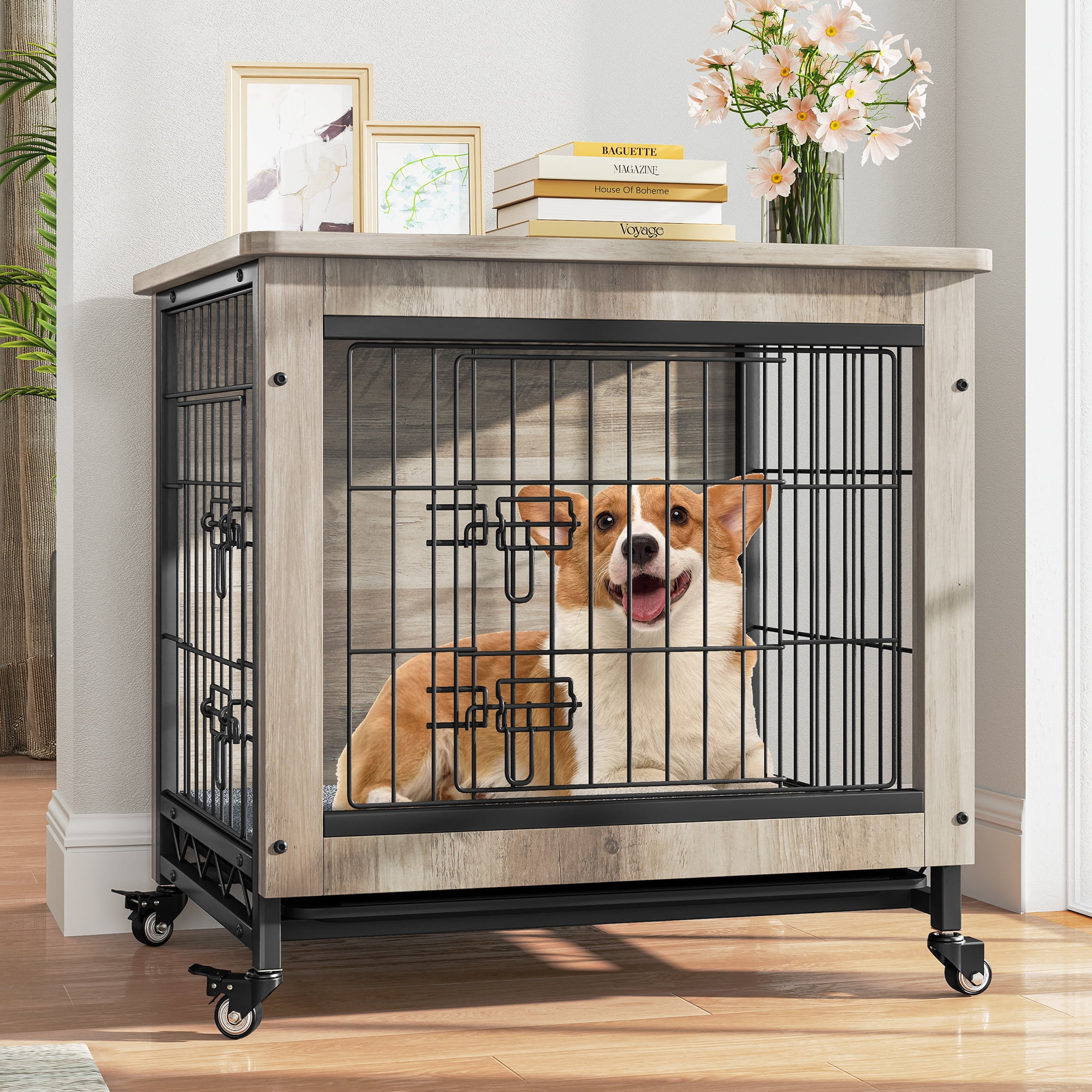 Dextrus Dog Crate Furniture  with Double Doors, Indoor Dogs Kennel with Wheels,Dog Crate End Table with Cushion & Tray-27.1"L x 18"W x 24.8"H,Gray