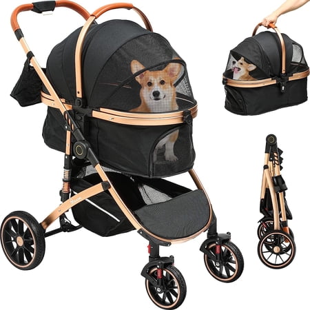 Dextrus Dog Stroller for Medium Small Dogs, 3 in 1 Foldable Pet Stroller with 360° Rotation Wheel, Dog Pet Cat Removable Carrier with Storage Basket, Cat Kitty Puppy Stroller (Black)