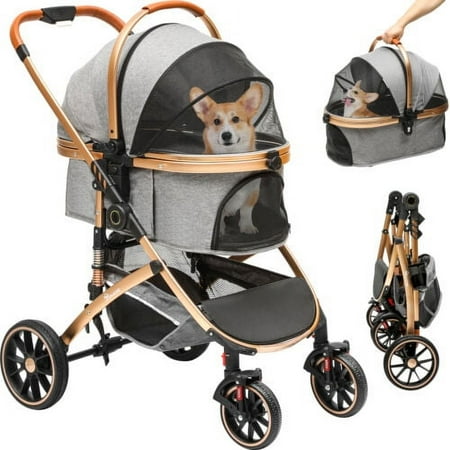 Dextrus Dog Stroller for Medium Small Dogs, 3 in 1 Foldable Pet Stroller with 360° Rotation Wheel, Dog Pet Cat Removable Carrier with Storage Basket, Cat Kitty Puppy Stroller (Gray)